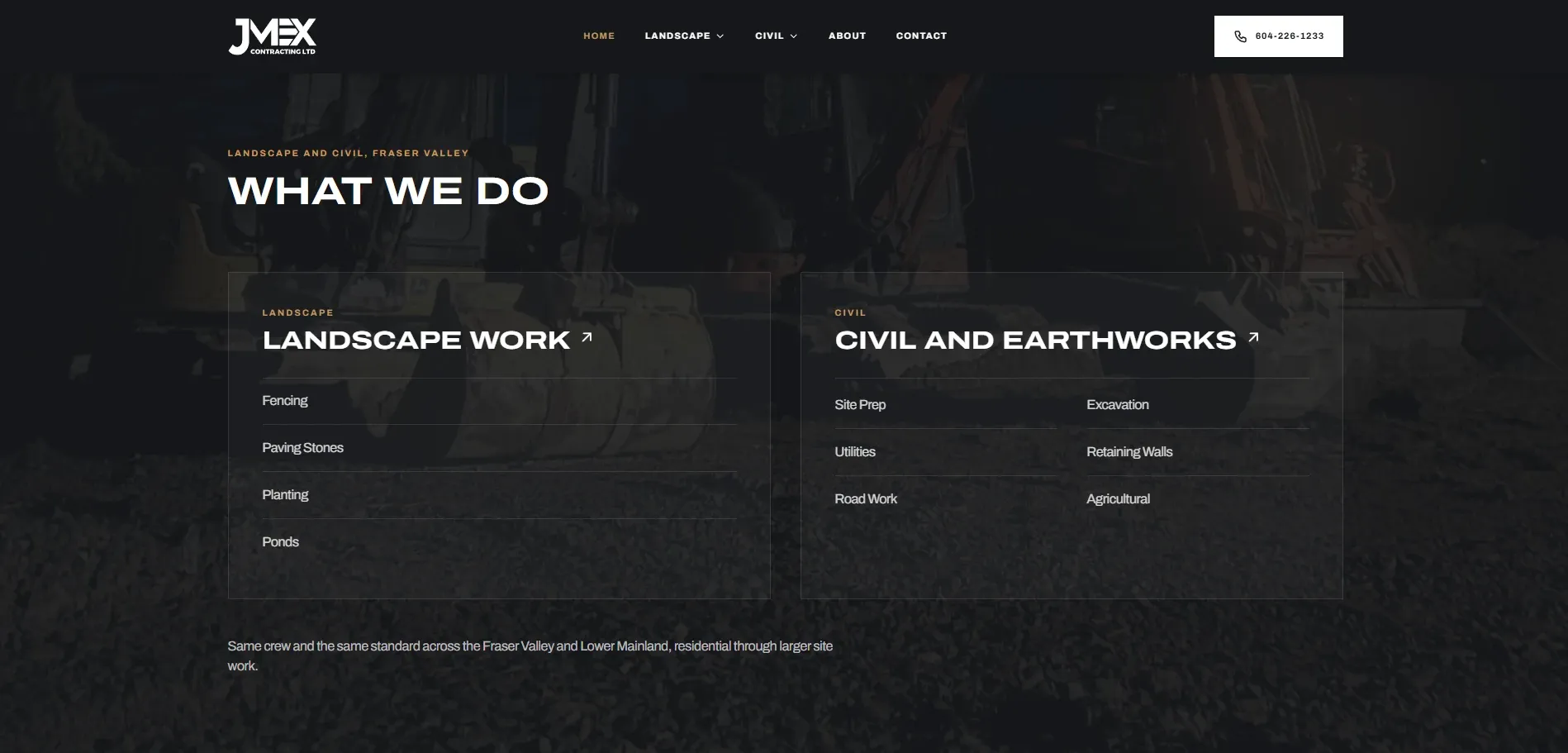 JMEX Contracting website services section, a Fraser Valley contracting company, designed and built by Jonah