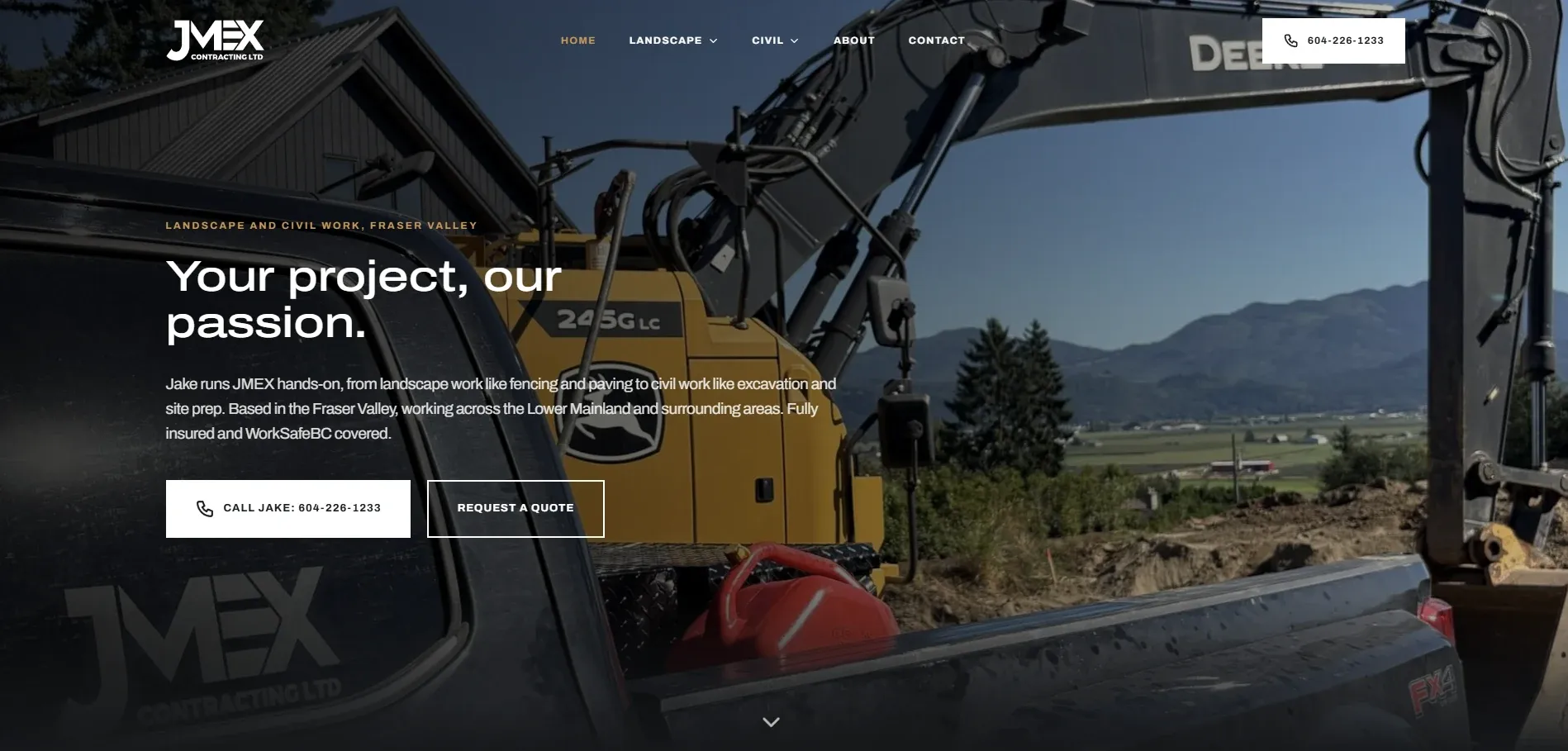 JMEX Contracting website home page, a Fraser Valley contracting company, designed and built by Jonah